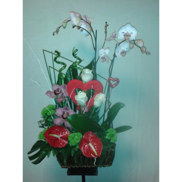 cesta rosas,anturiun y orquideas con peluche